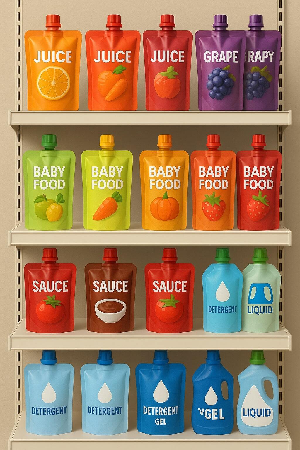 Shelf display of juice, baby food, sauces, and detergents in spouted pouches.