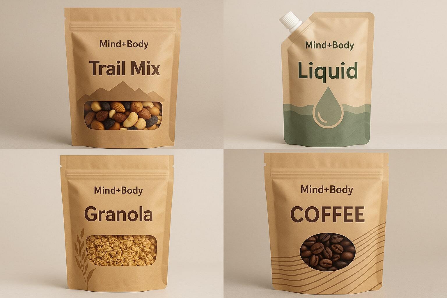 Collage of stand-up pouches featuring resealable zippers, spouts, and windows across food and beverage categories.