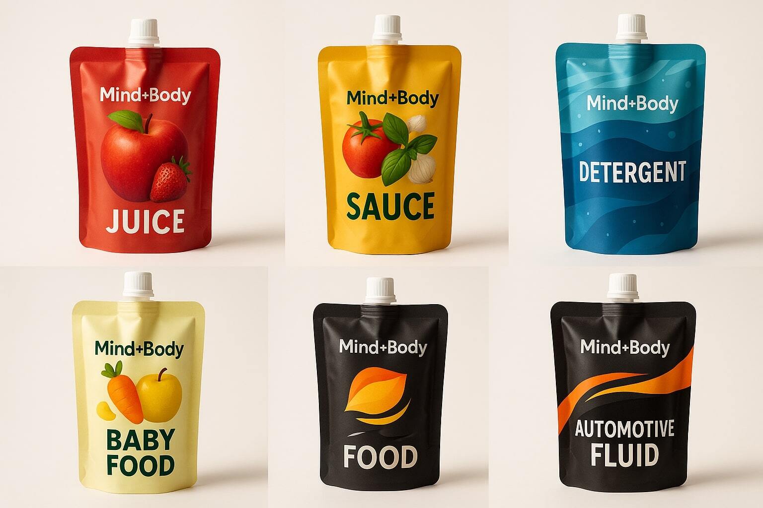Collage of juices, sauces, detergents, baby food, and automotive fluids packaged in spouted pouches.