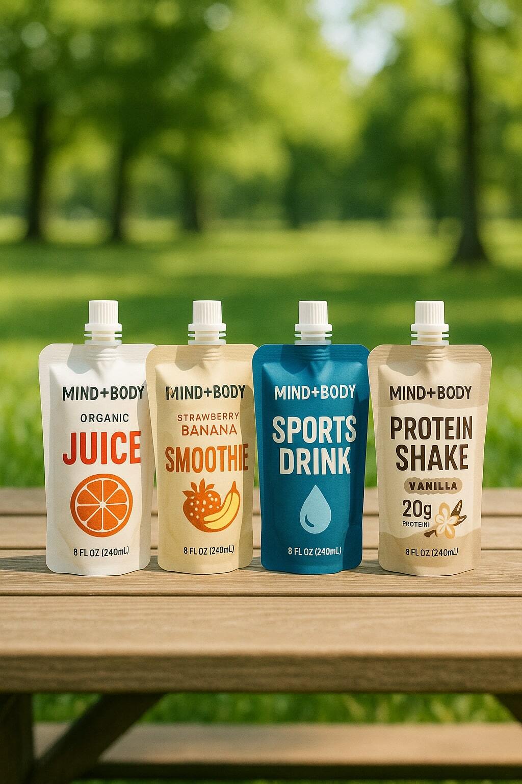 Spouted beverage pouches lined up on a picnic table.