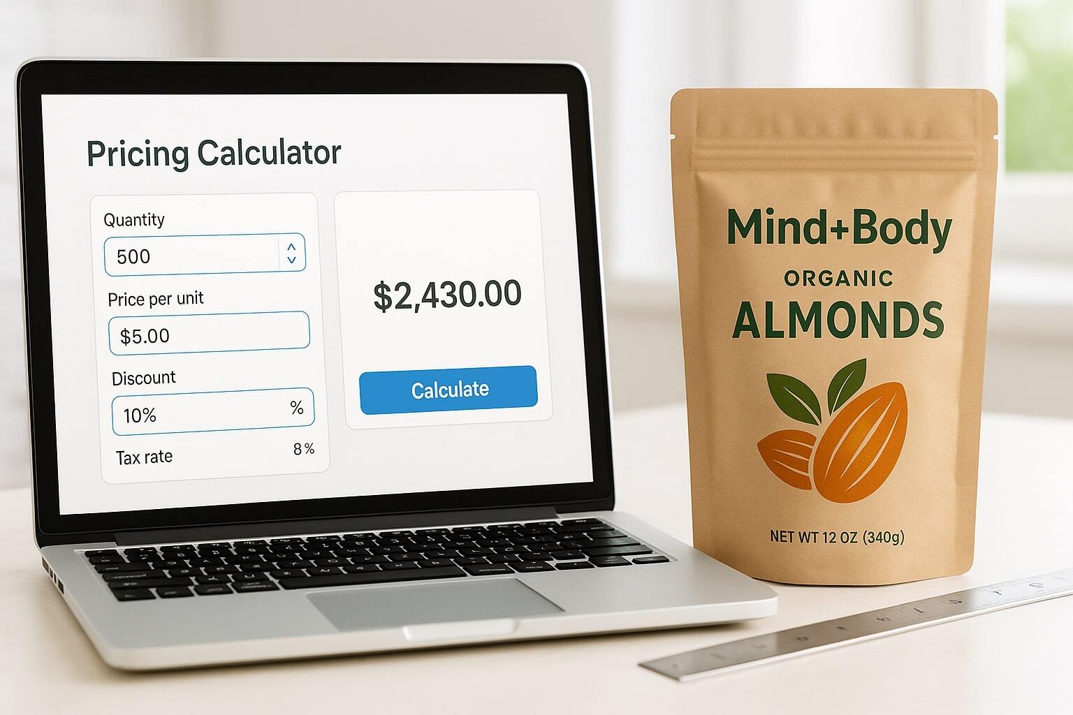 Slim banner showing a laptop with a pricing calculator UI and a sample stand-up pouch beside a ruler; bright, clean workspace.