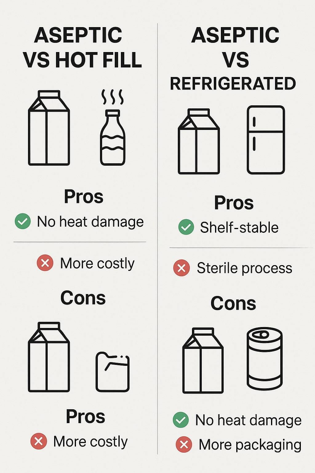 Card-style comparison of aseptic vs hot fill, refrigerated, and canning outcomes.