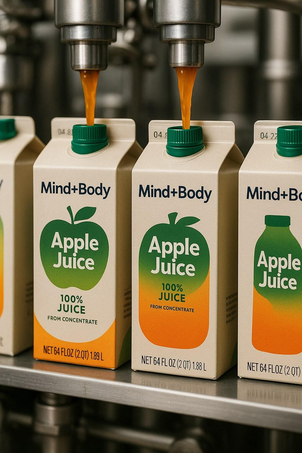Juice line filling aseptic cartons with clear product view and date codes.