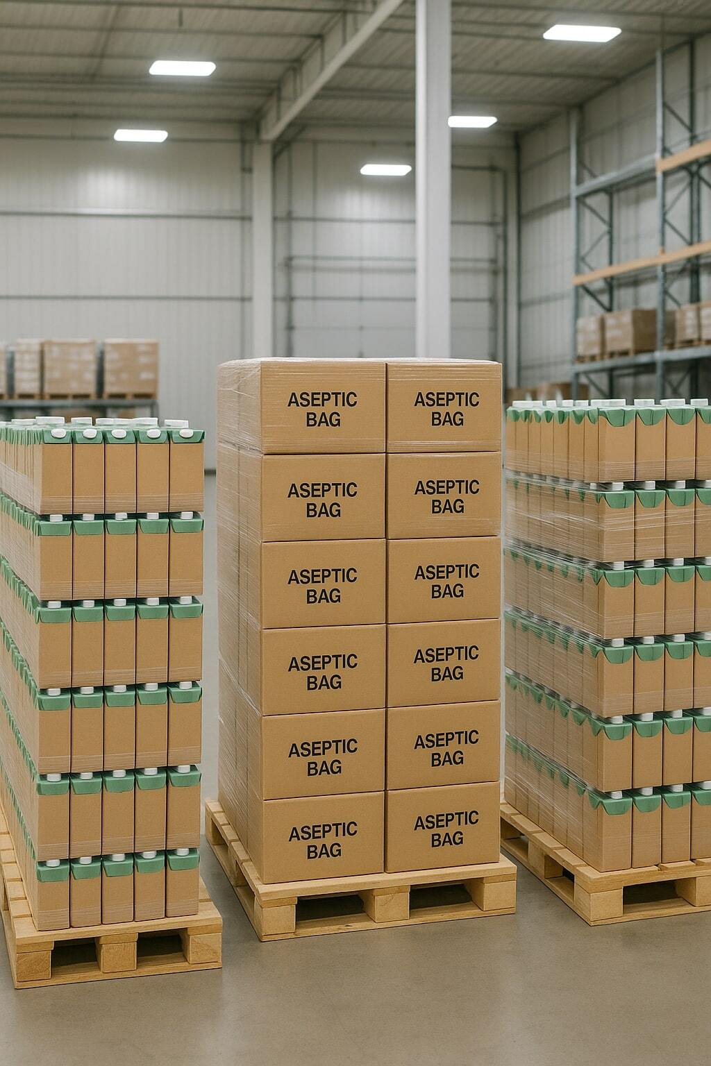 Aseptic beverage cartons and bags stacked on pallets ready for shipping.