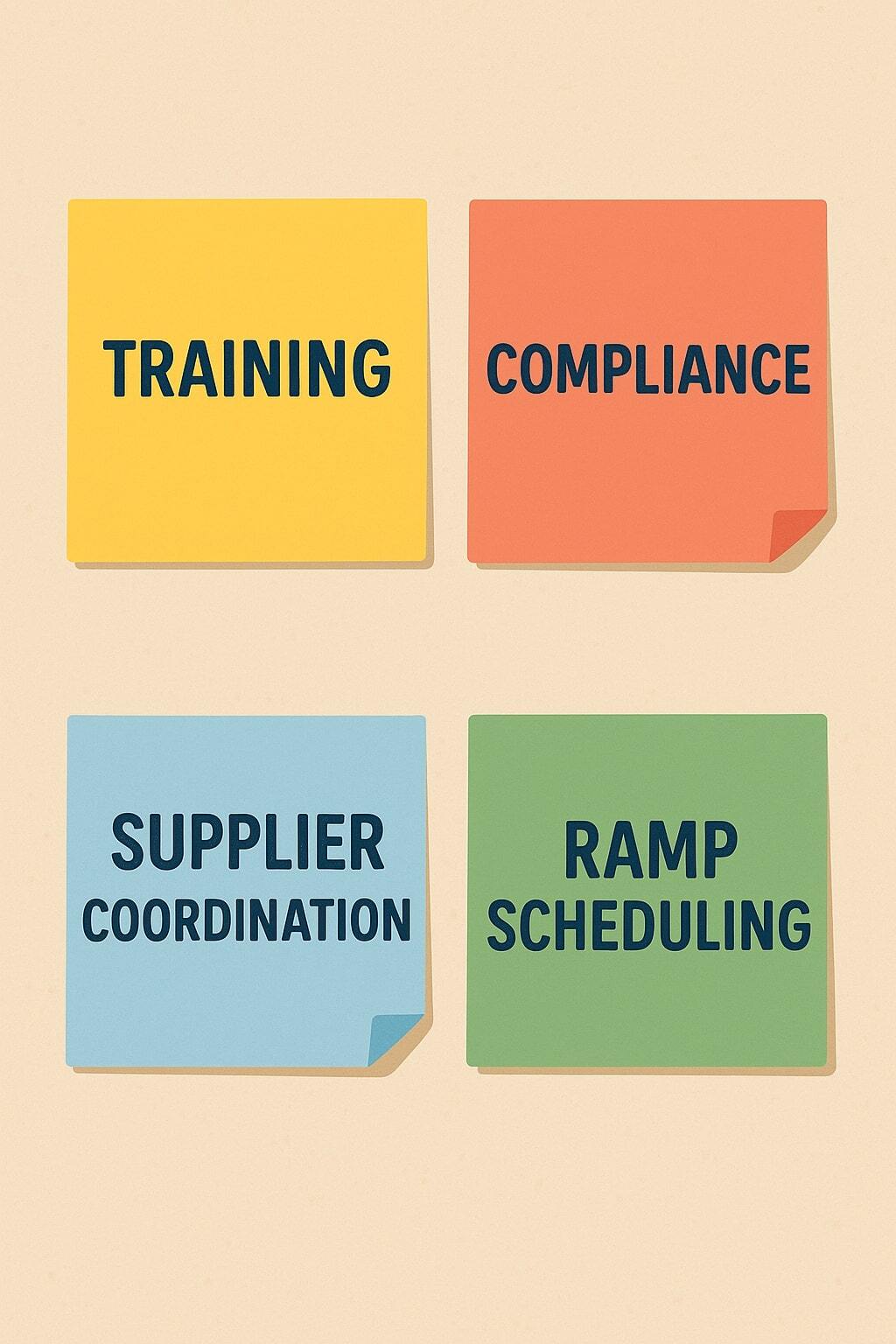 Sticky notes summarizing training, compliance, and supplier coordination during aseptic transition.