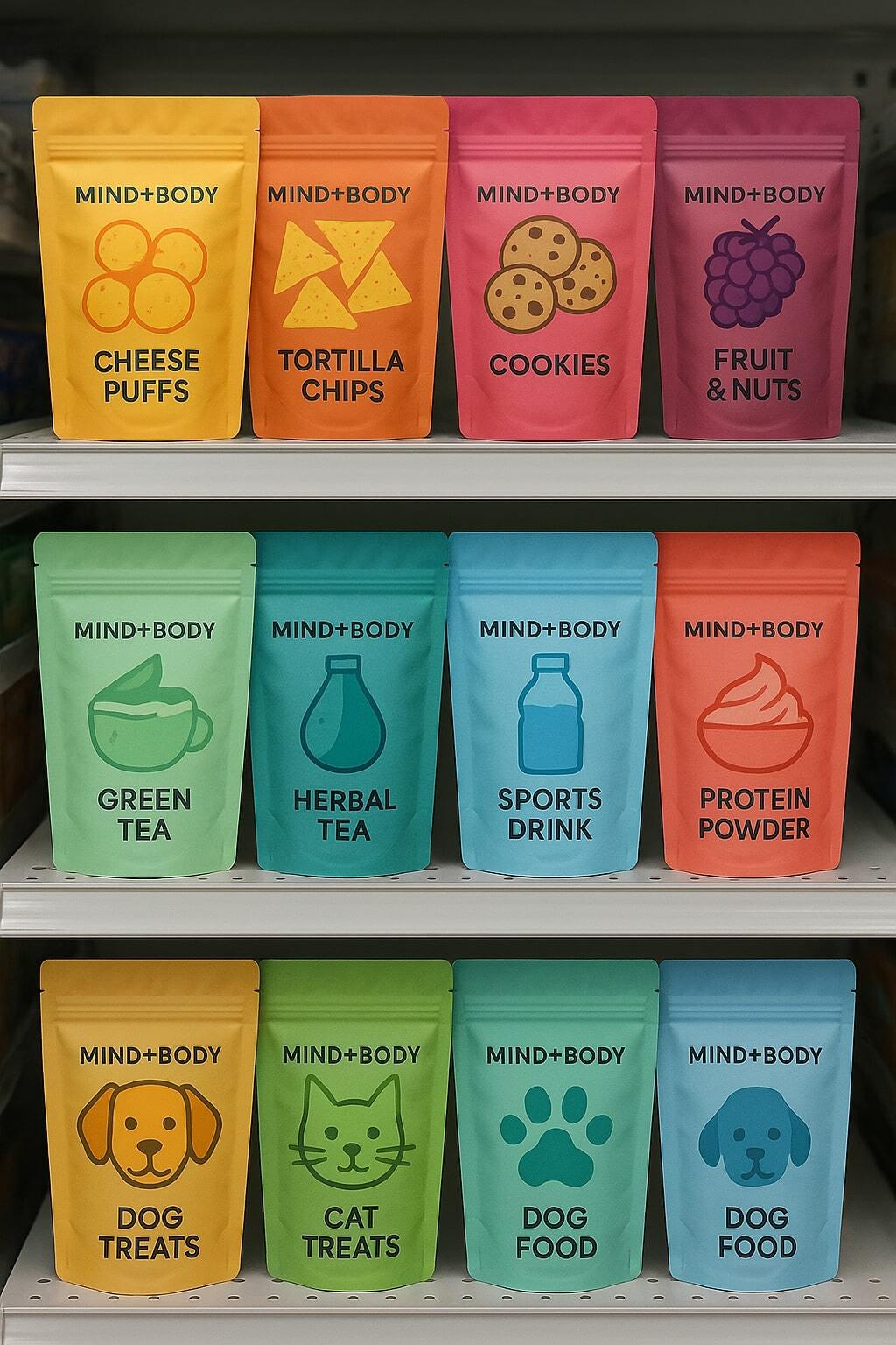 Collage showing snack, beverage, and pet brands using colorful stand up pouches on shelves.