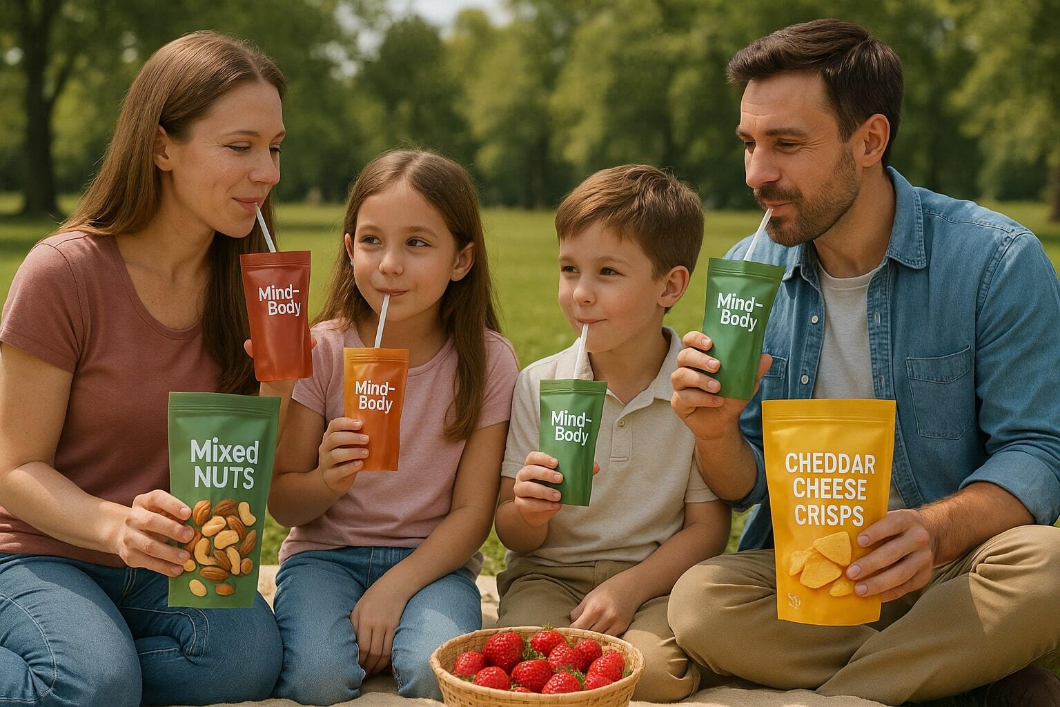 Family enjoying snacks and beverages in stand-up pouches at a picnic.