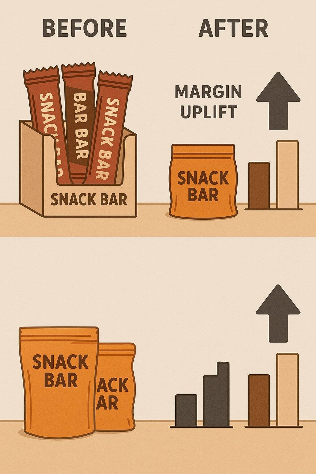Before-and-after margin illustration for a snack brand switching to flexible pouches.