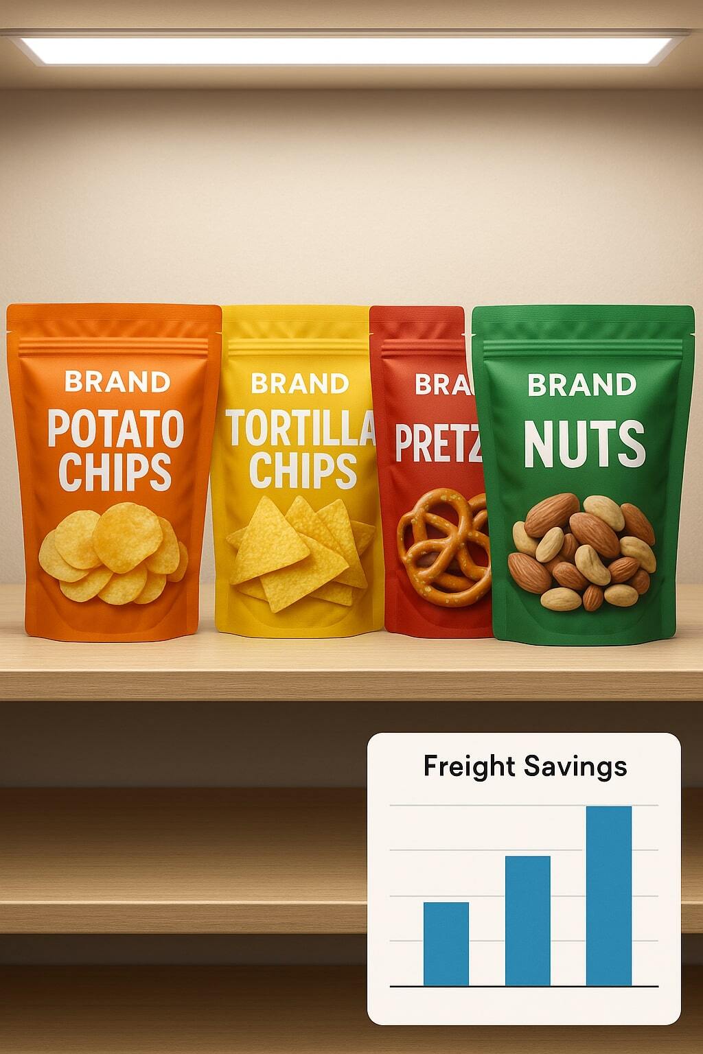 Illustration of a snack brand’s flexible pouches on shelf alongside a small bar chart of logistics savings.