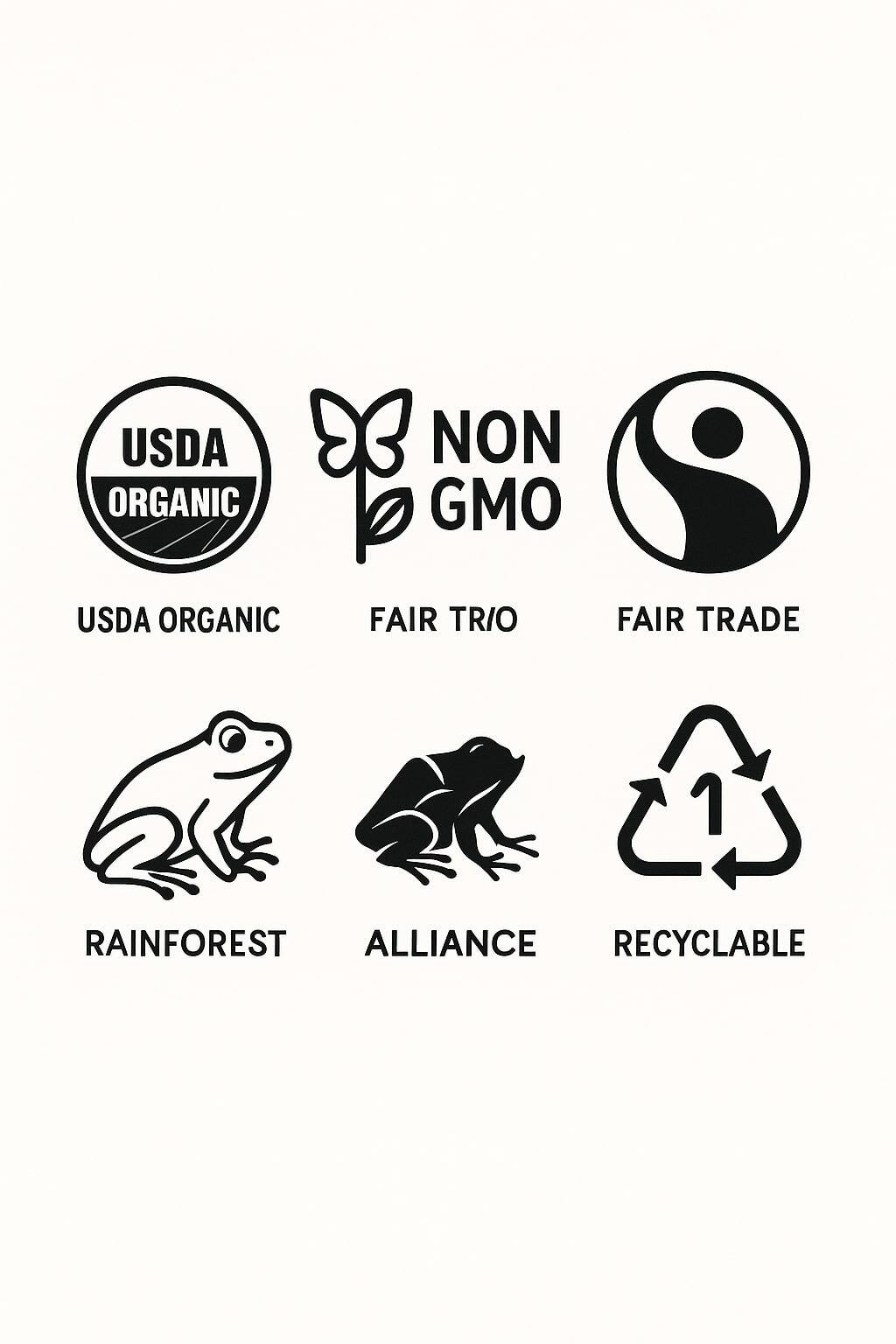 Icons representing common sustainability certifications and recycling labels.