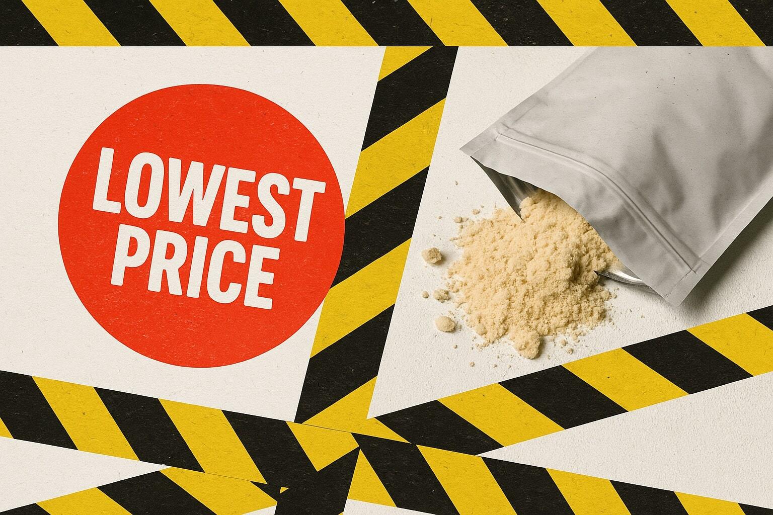 Split image: 'Lowest Price' sticker on the left, spilled product from a failed pouch on the right; caution accents.