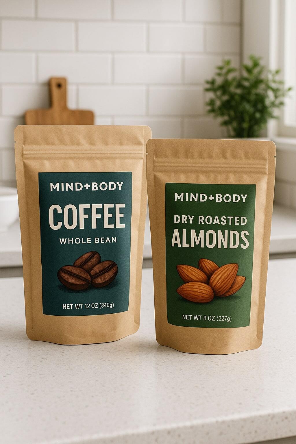 Coffee and nut pouches displayed on a kitchen counter.