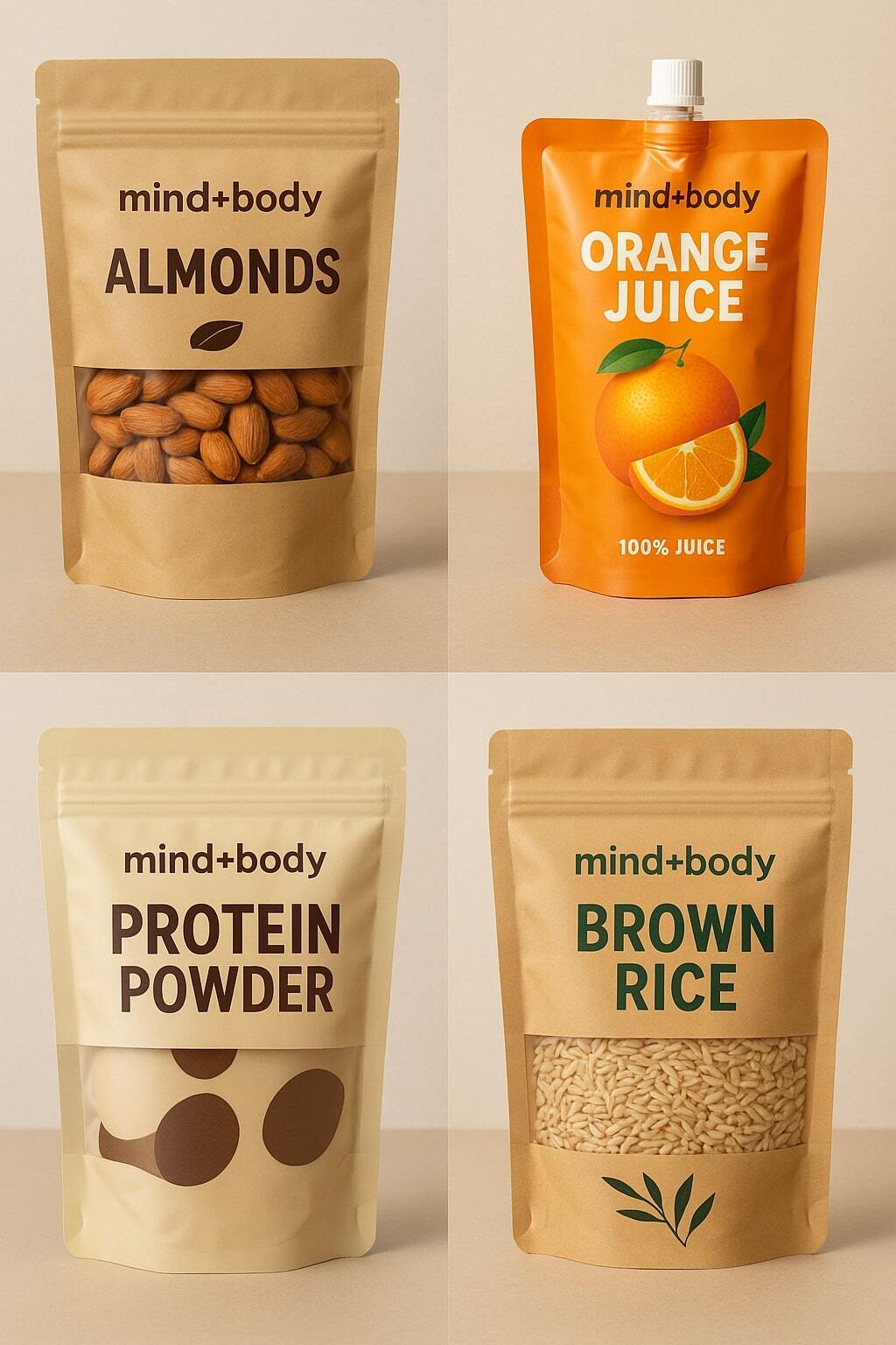 Collage of stand-up pouches featuring resealable zippers, spouts, and windows across food and beverage categories.