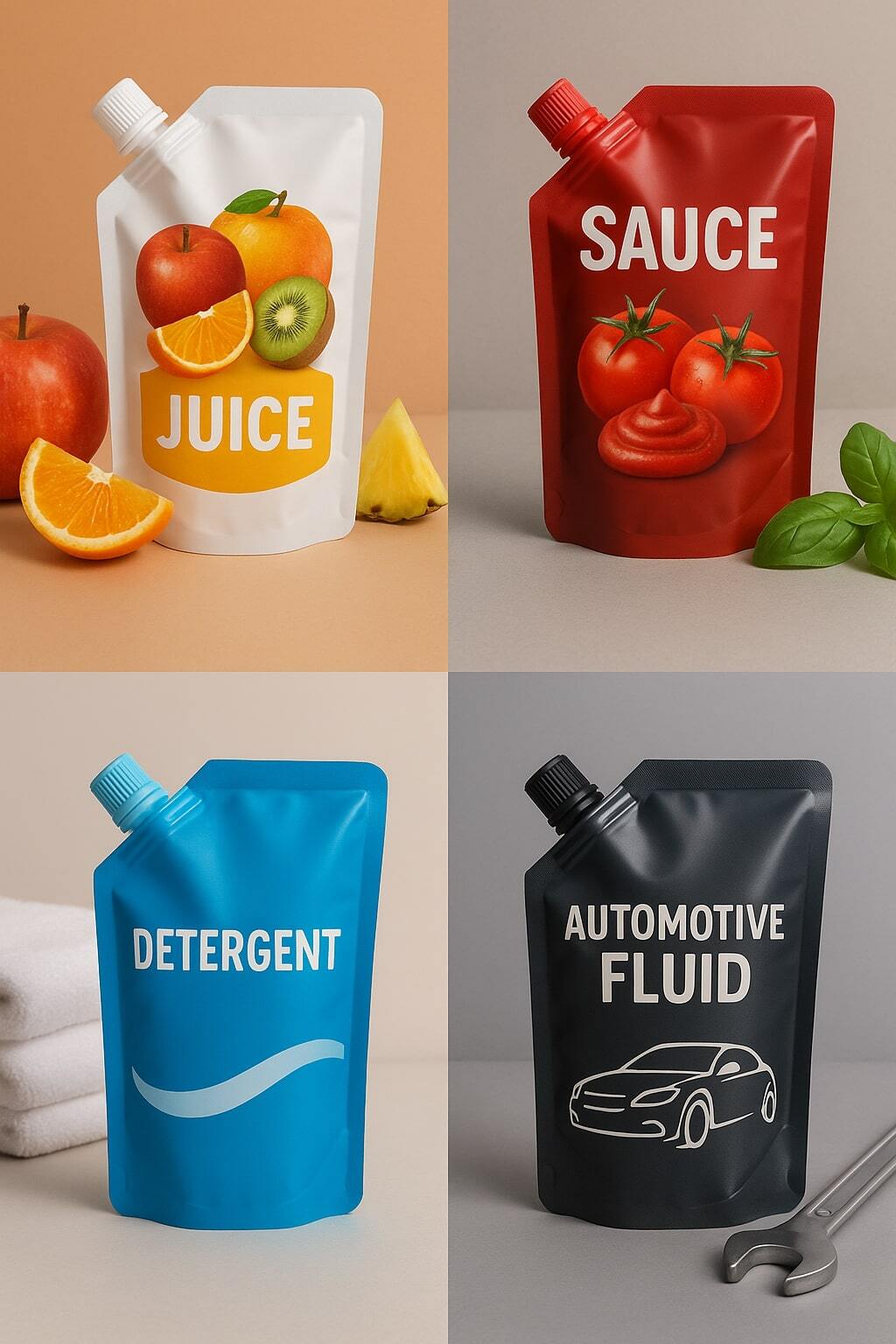 Collage showing juices, sauces, detergents, and automotive fluids in spouted pouches.