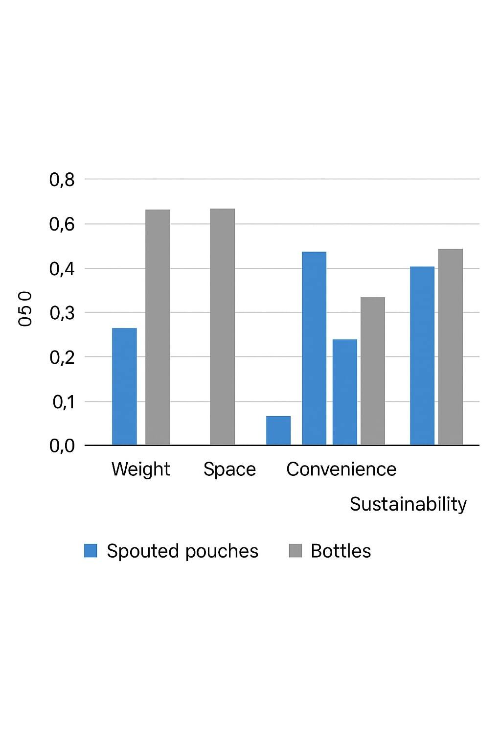 Simple chart comparing spouted pouches to bottles and cartons across weight, space, convenience, and sustainability.