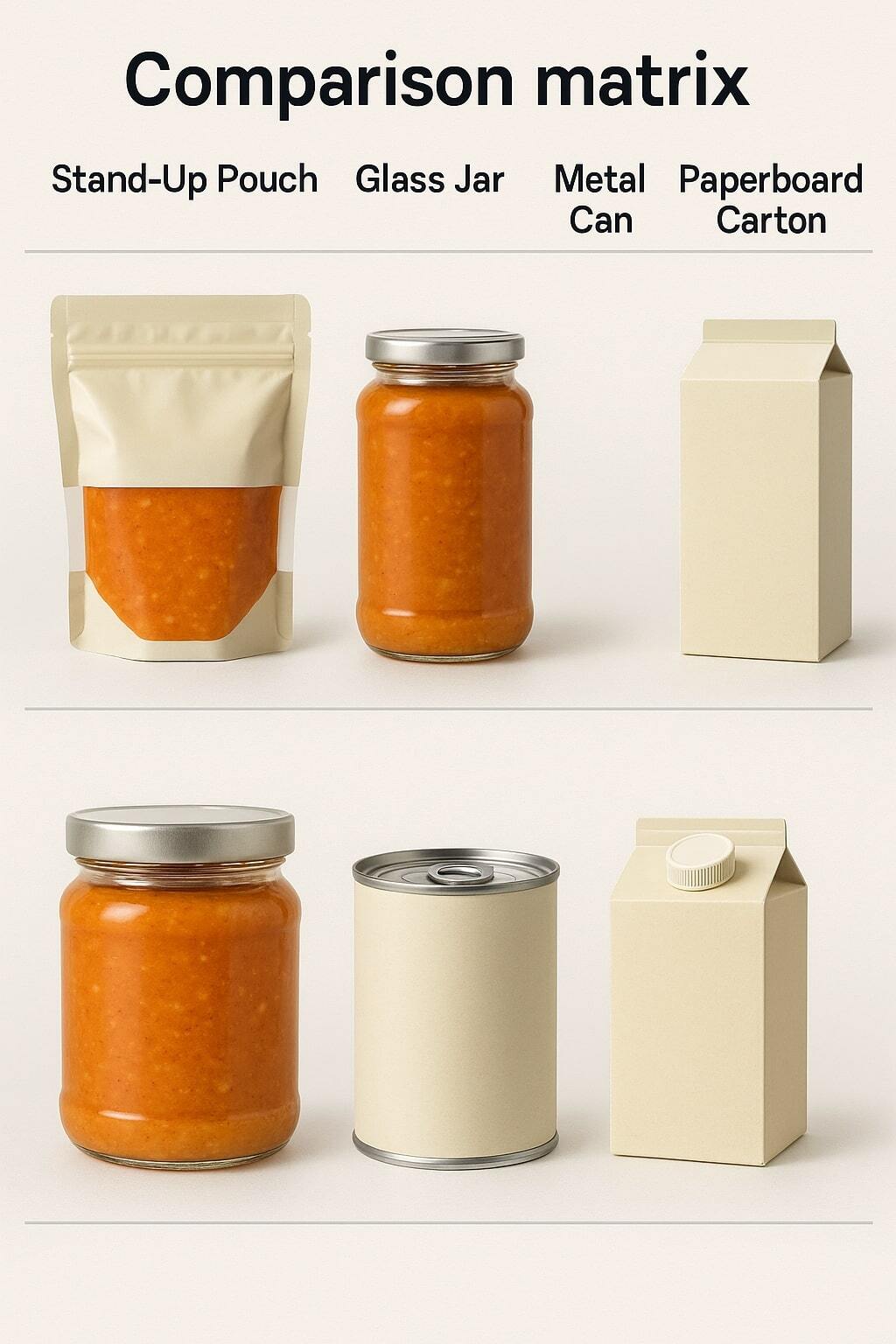 Matrix of a single food product packaged as a pouch, glass jar, can, and paperboard carton.
