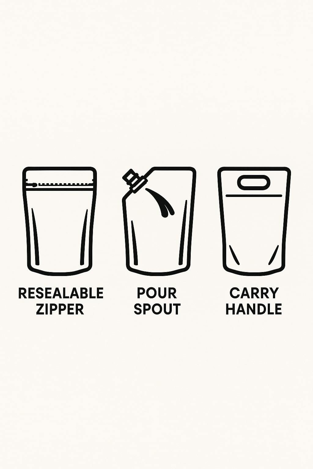 Icons showing resealable zippers, spouts, and handles on stand up pouches.