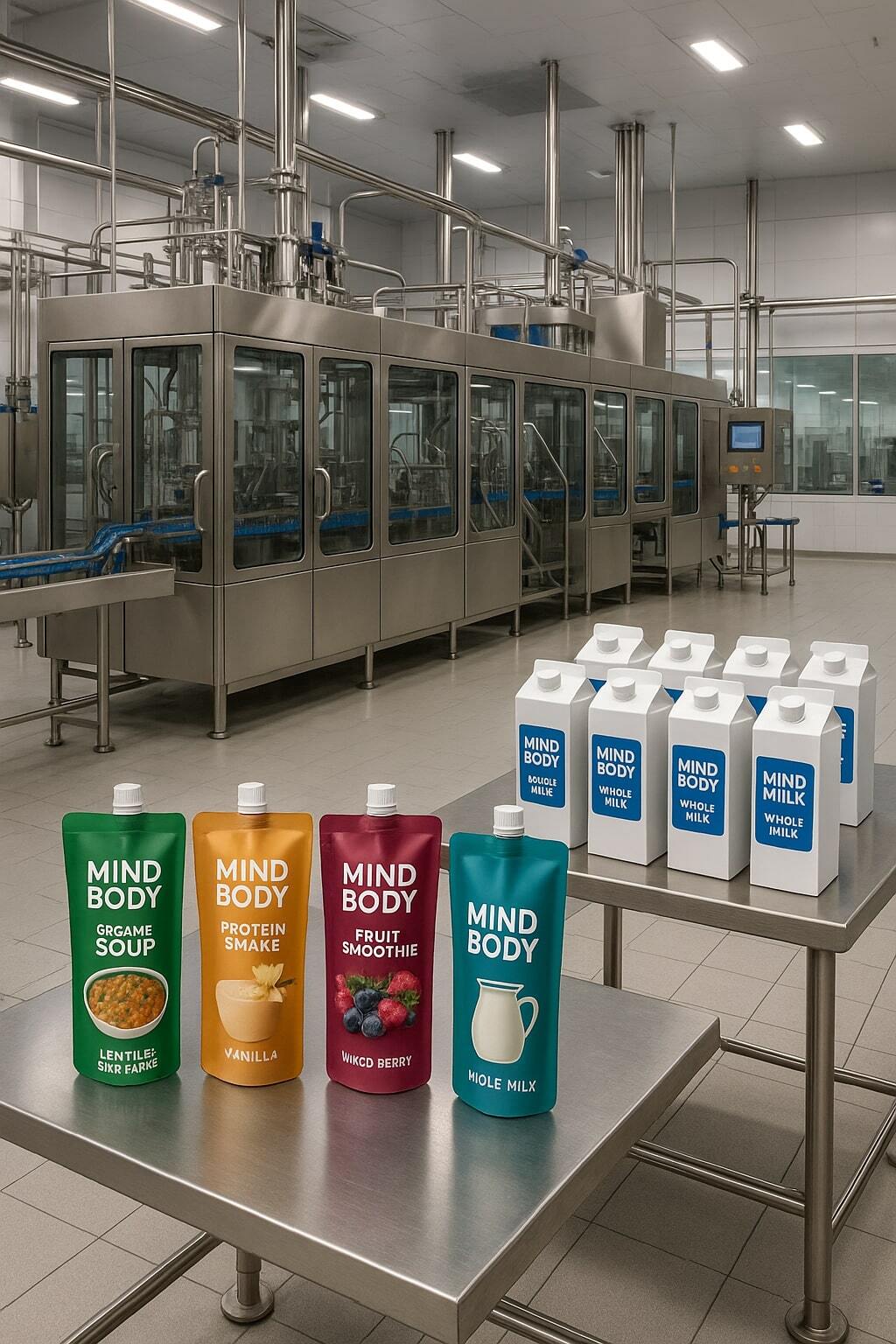 Modern aseptic filling line with stacked aseptic bags and cartons prepared for shipment.