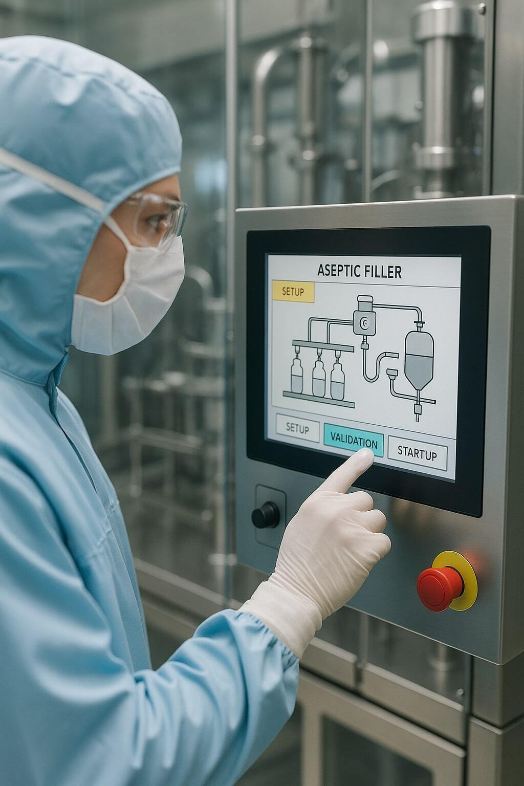 Operator overseeing a sterile aseptic filling machine to manage setup costs.