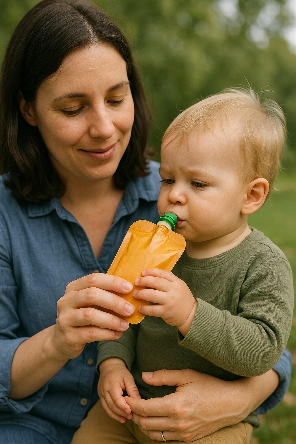 Parent helping a toddler eat from a spouted pouch outdoors.