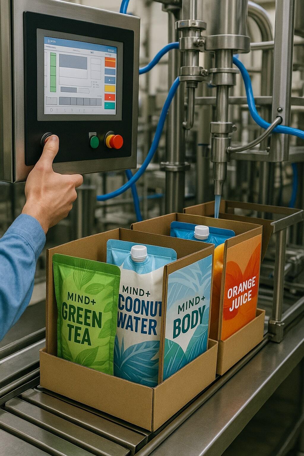 Bags-in-box on a filling line for a dairy alternative producer.