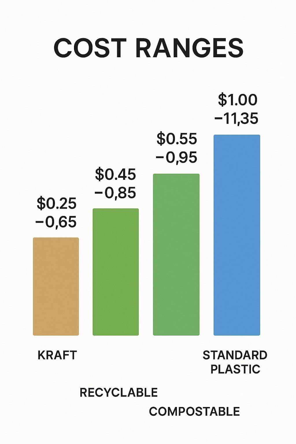 Simple chart illustrating relative costs for kraft, recyclable, compostable, and standard pouches.