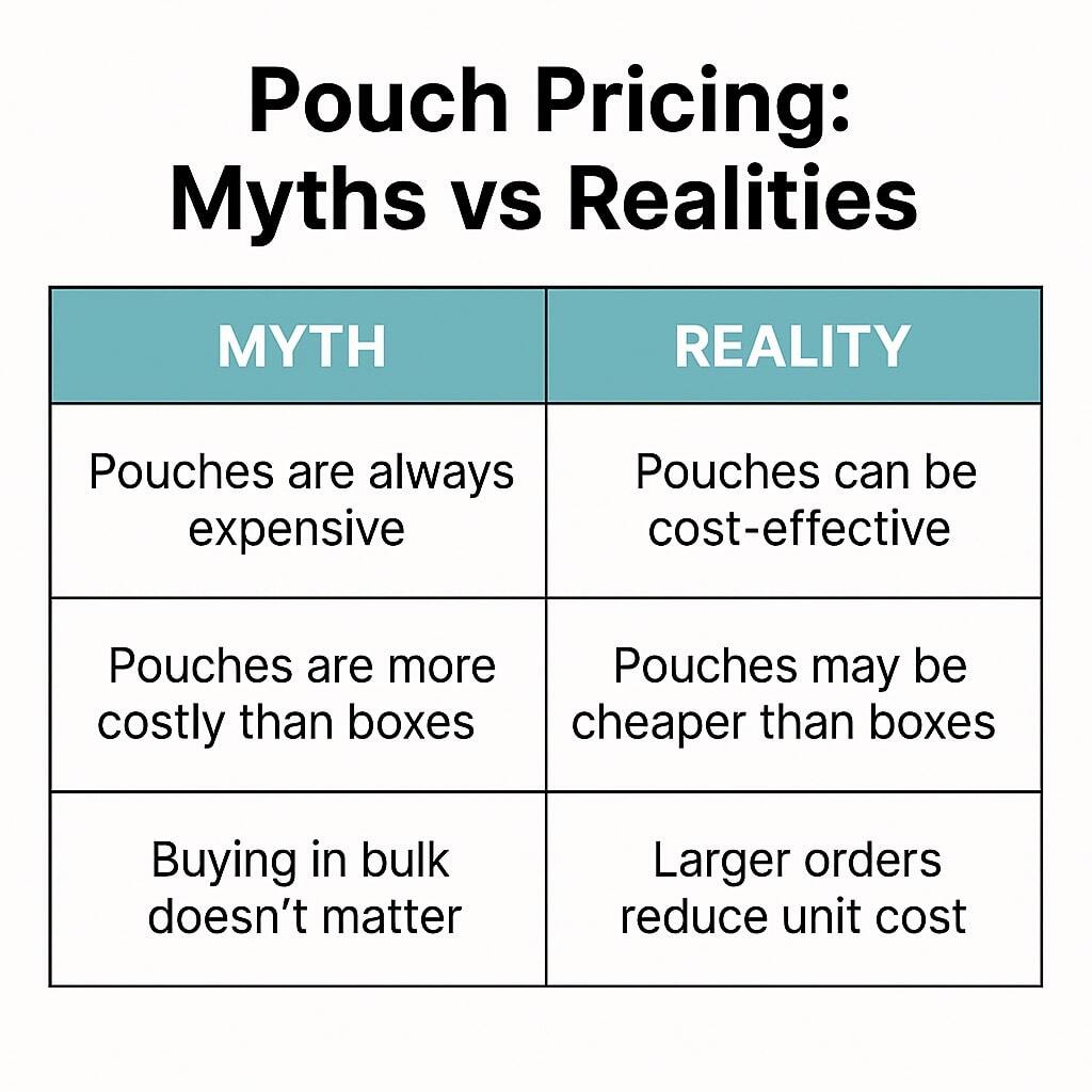 Table debunking myths vs realities about pouch pricing.