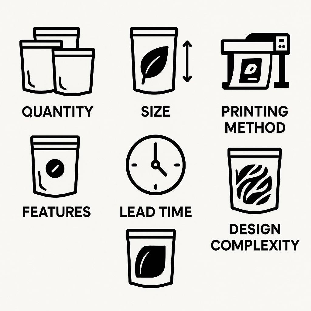 Graphic icons representing factors impacting pouch cost: quantity, size, material, printing method, features, lead time, and design complexity.