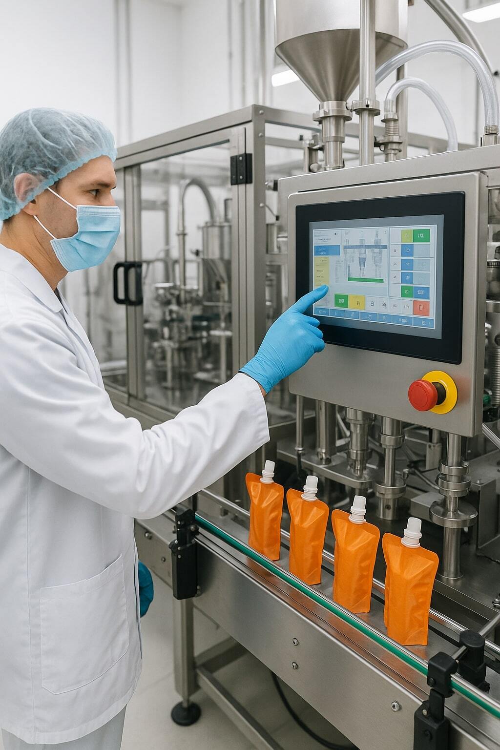Technician operating a spouted pouch filling line.