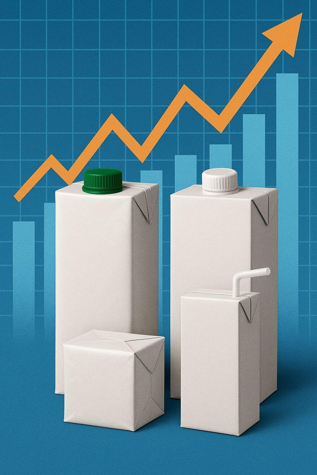 Collage of aseptic beverage packages with upward trending profit chart in background.