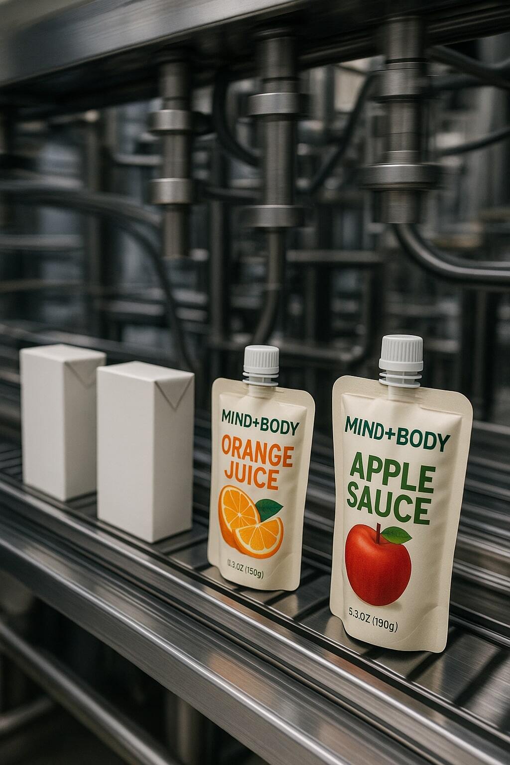 Production line running aseptic cartons and pouches, emphasizing efficiency and speed.