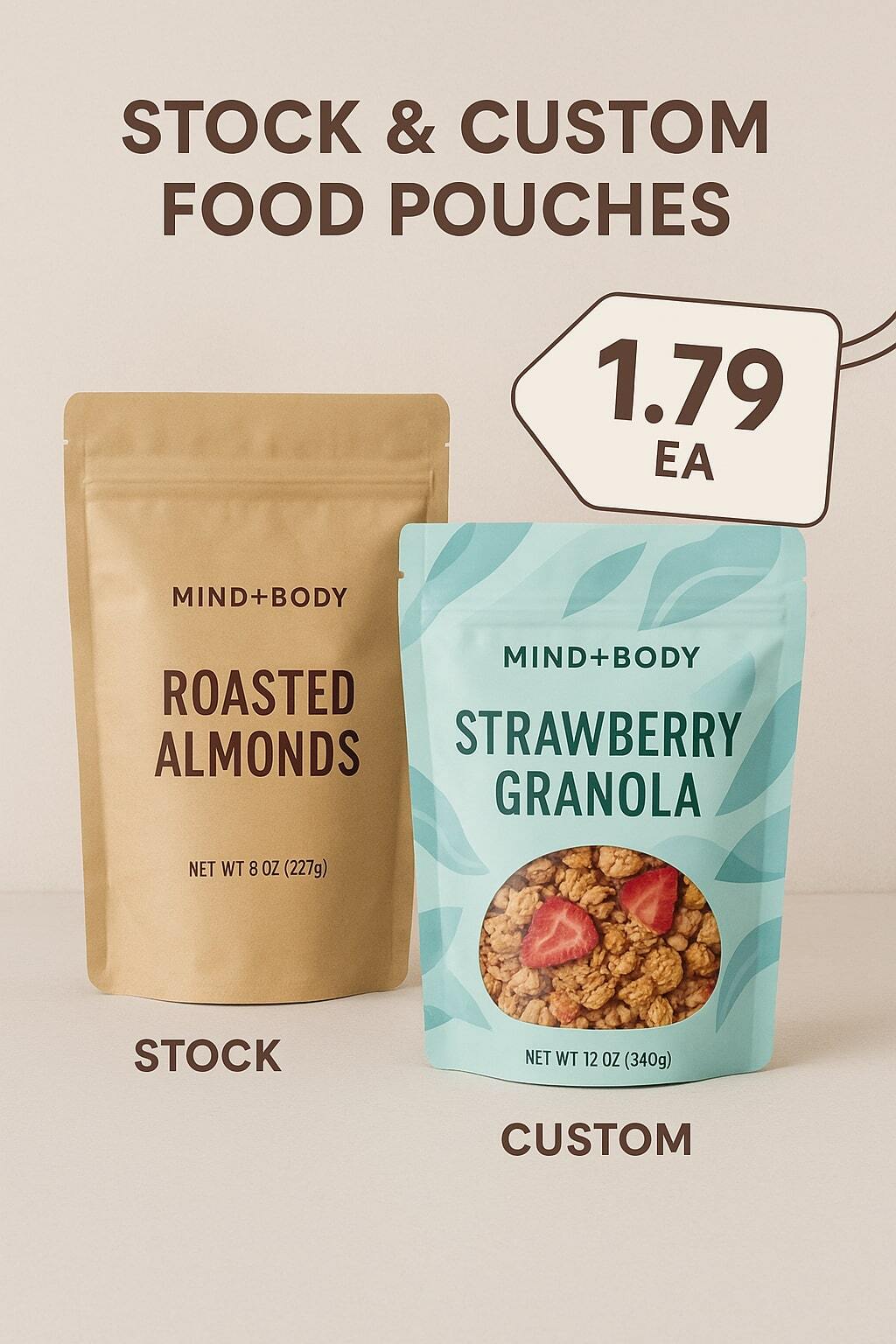 Photo of labeled stock and custom food pouches with a price tag graphic overlay.