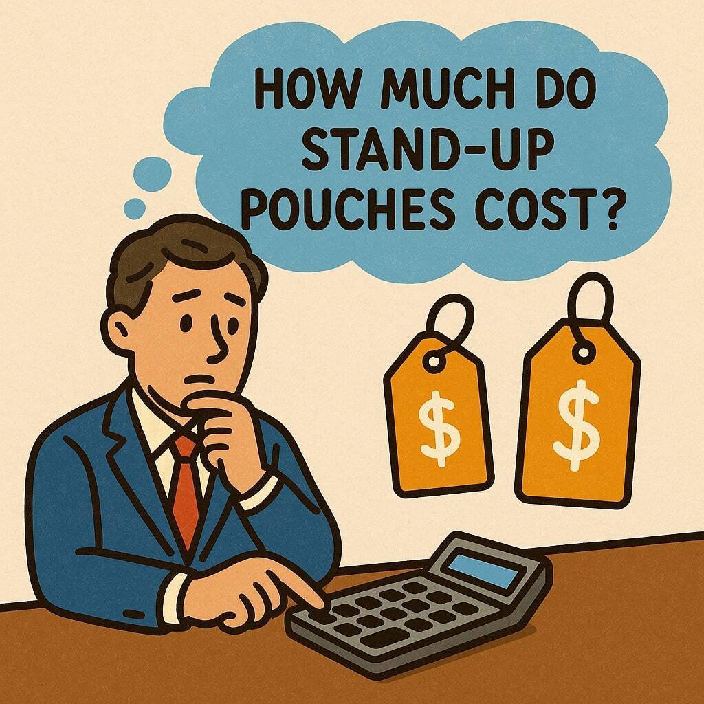 Illustration of a businessperson using a calculator and price-tag icons, pondering the question 'How much do stand-up pouches cost?'.