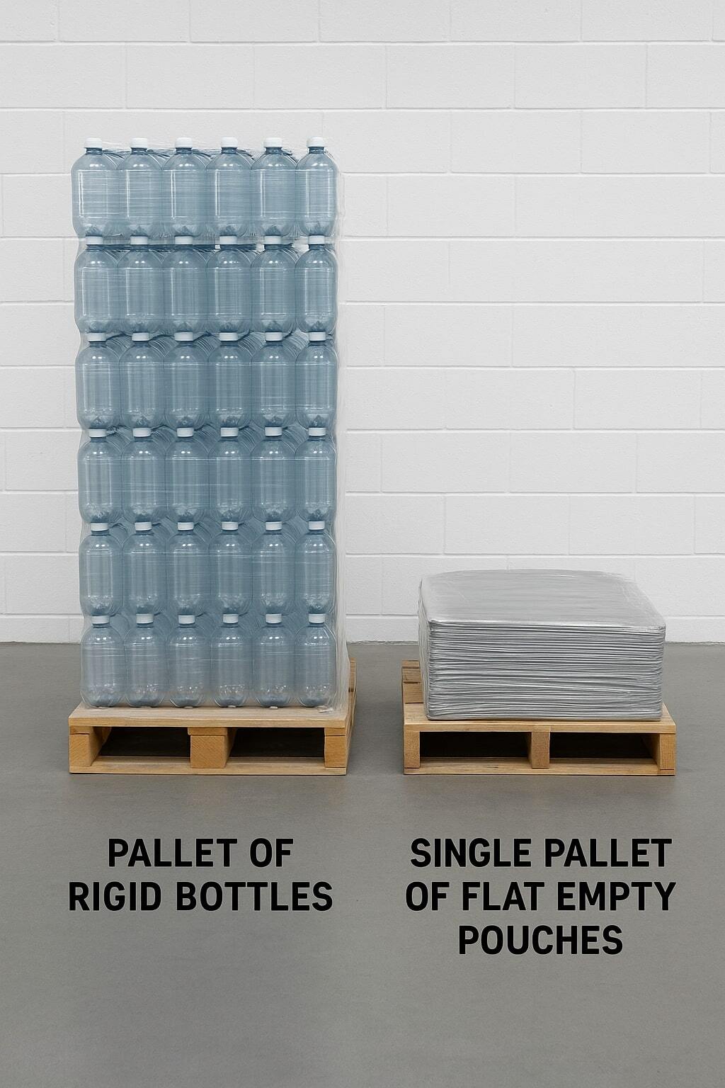 Side-by-side of a pallet of bottles and a single pallet of flat pouches representing space and freight savings.