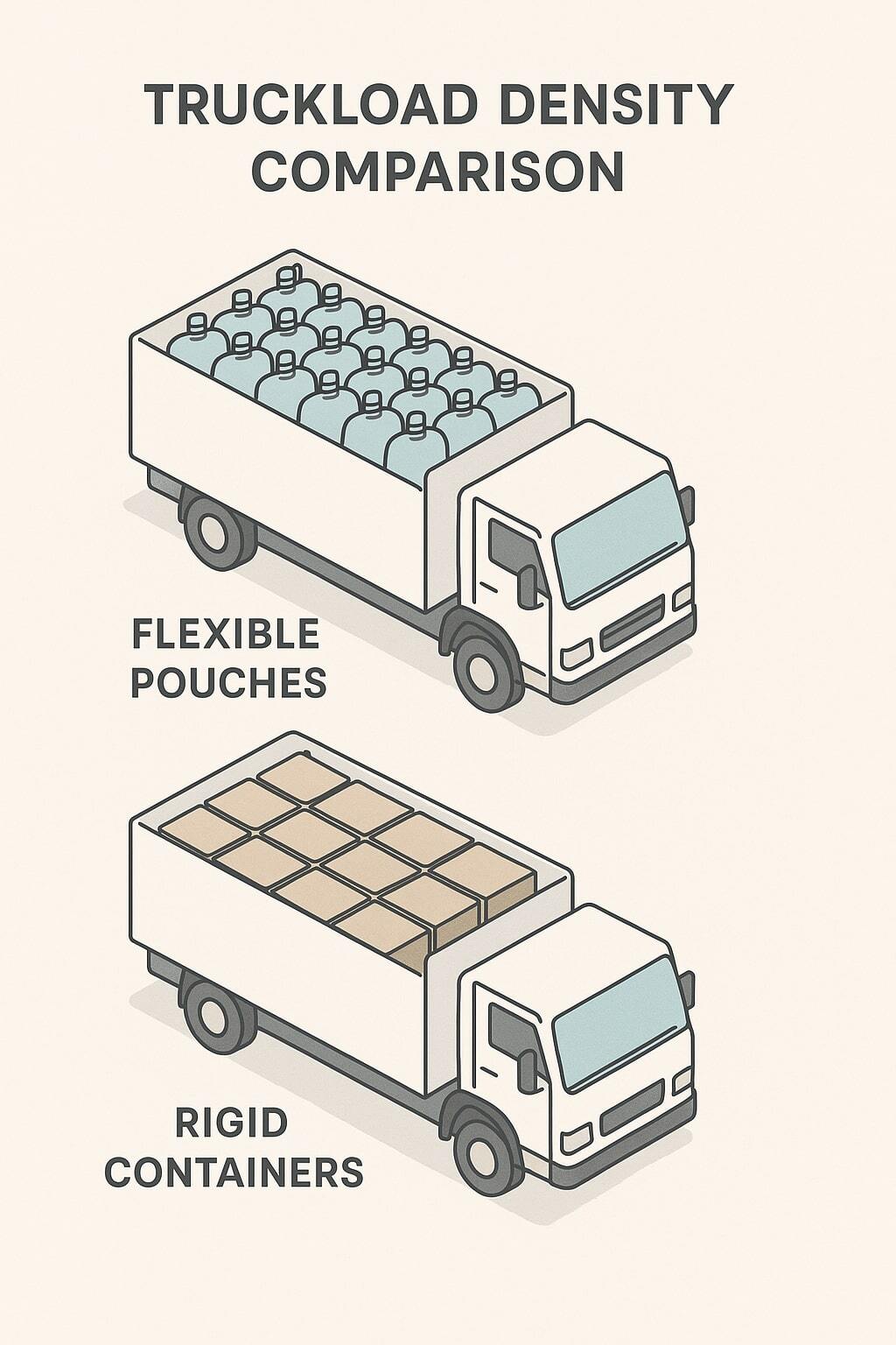 Illustration of a truckload density comparison between flexible pouches and rigid containers.