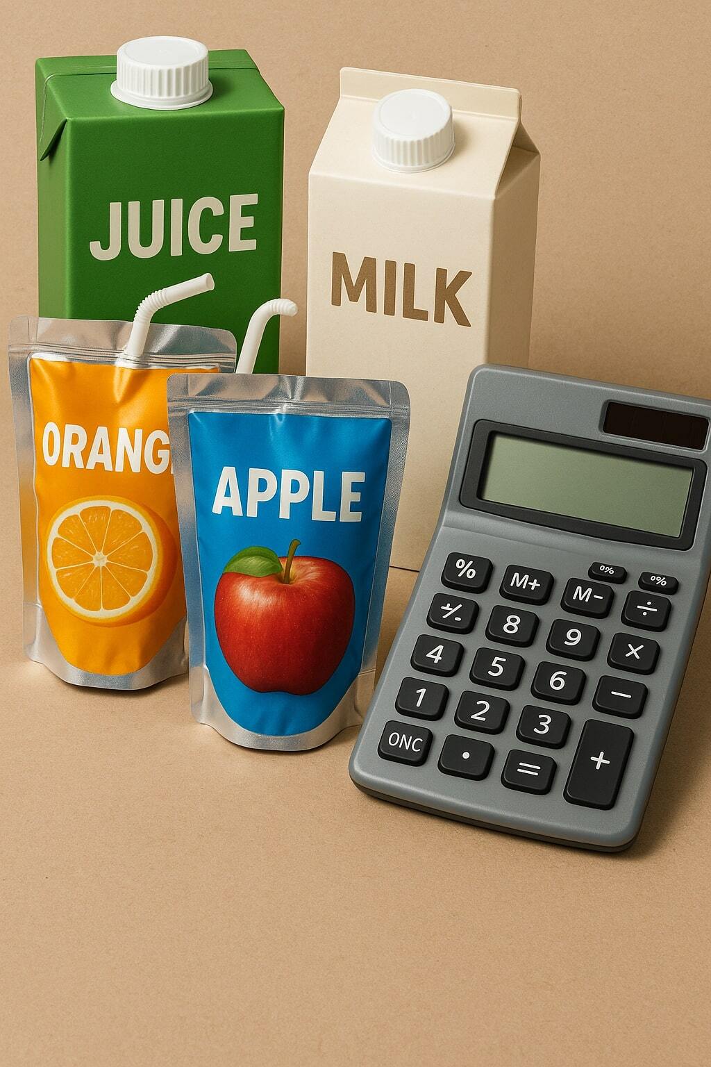 Close-up of beverage pouches and cartons on a production table beside a calculator.