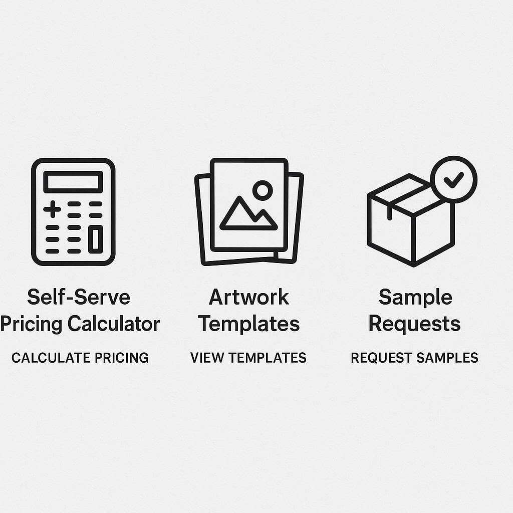 Icons and links representing self-serve pricing calculator, artwork templates, and sample requests.