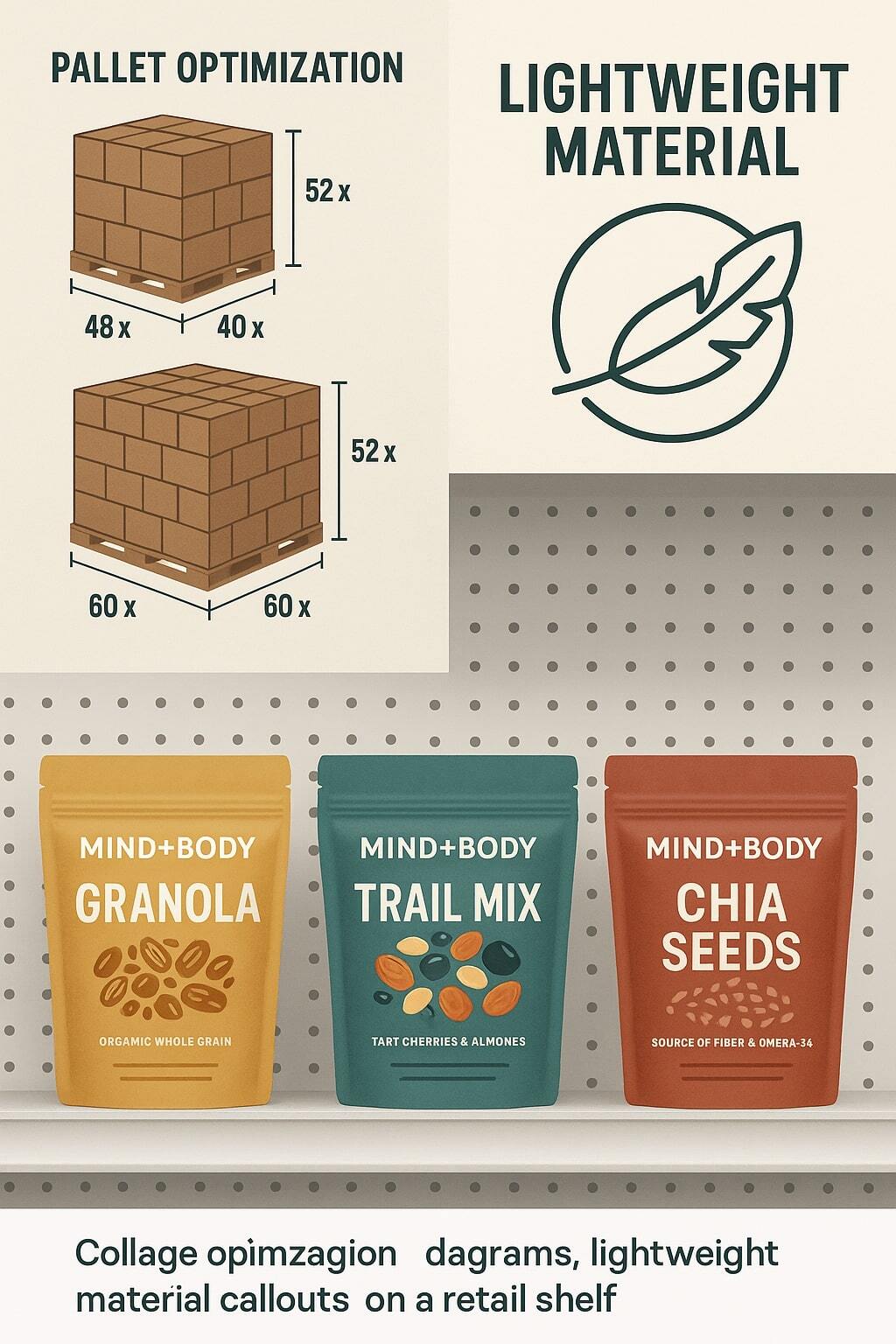 Collage of pallet optimization, lightweight materials, and branded flexible pouches on shelf.