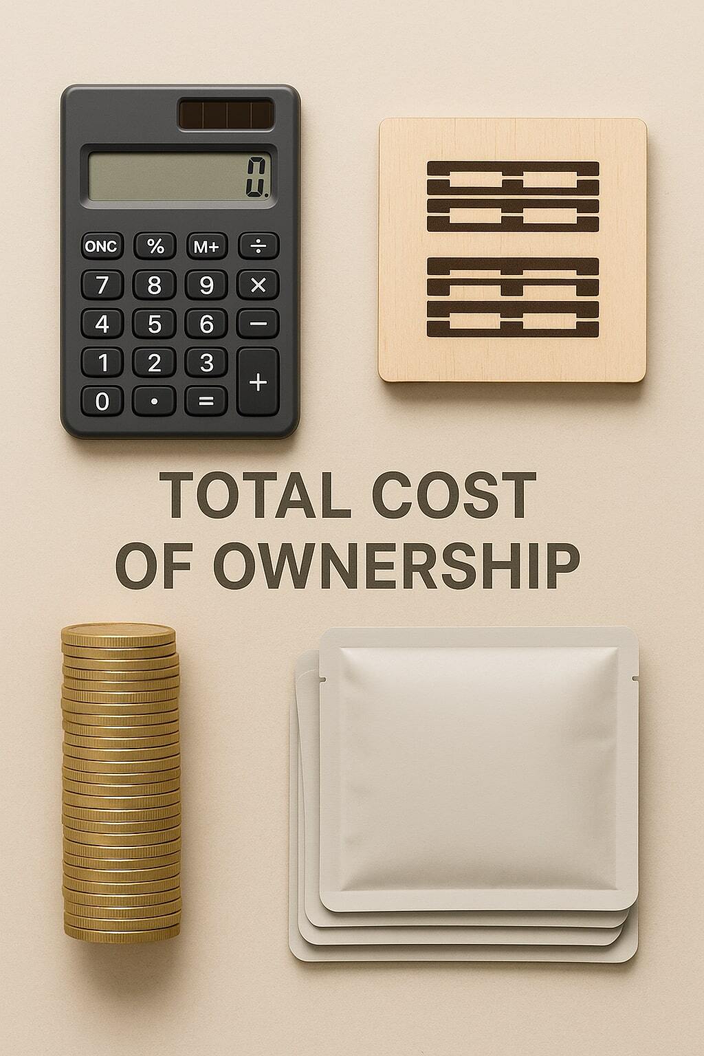 Visual of a calculator, pallet icons, and a stack of flat pouches representing total cost of ownership.