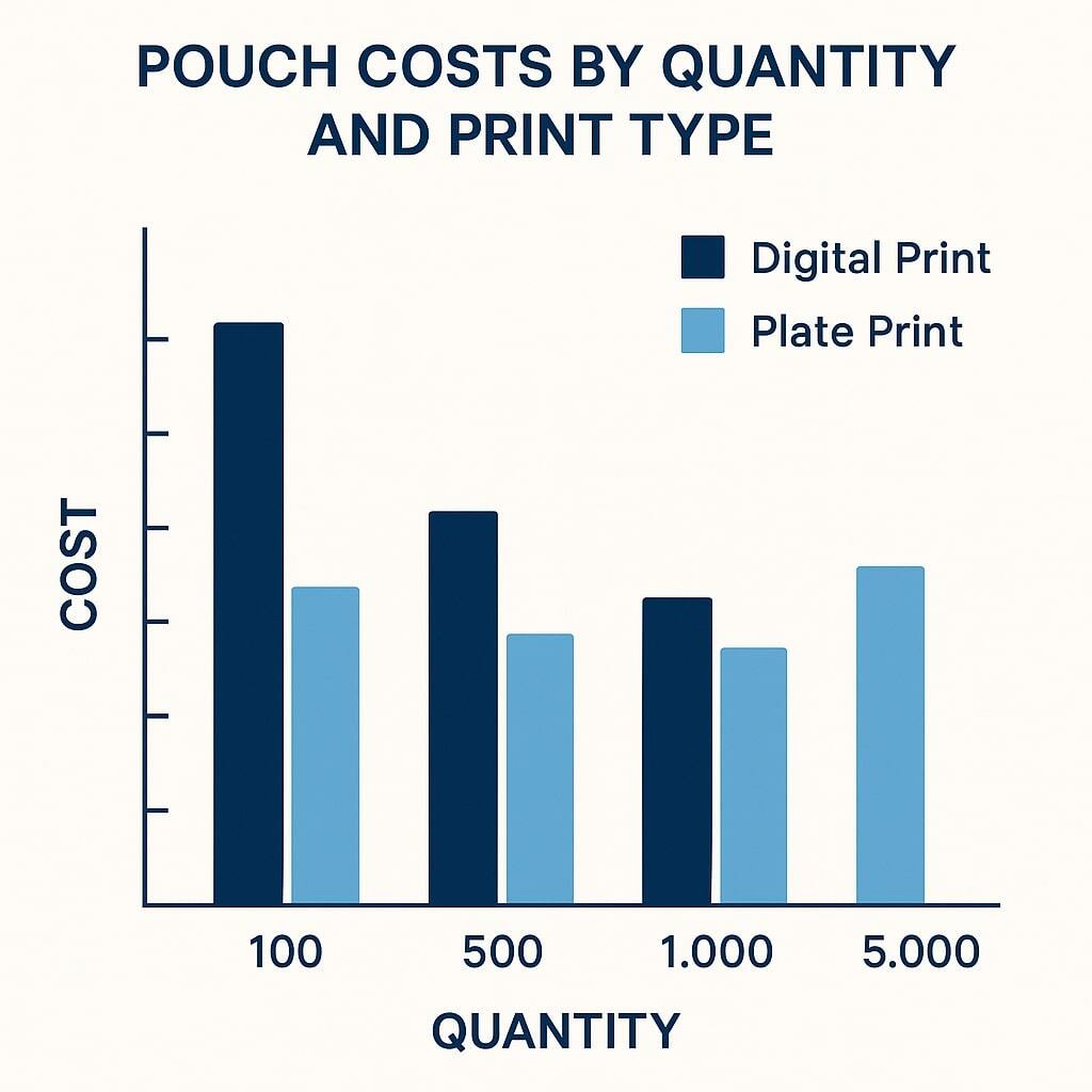 Chart comparing pouch costs by quantity and print type.