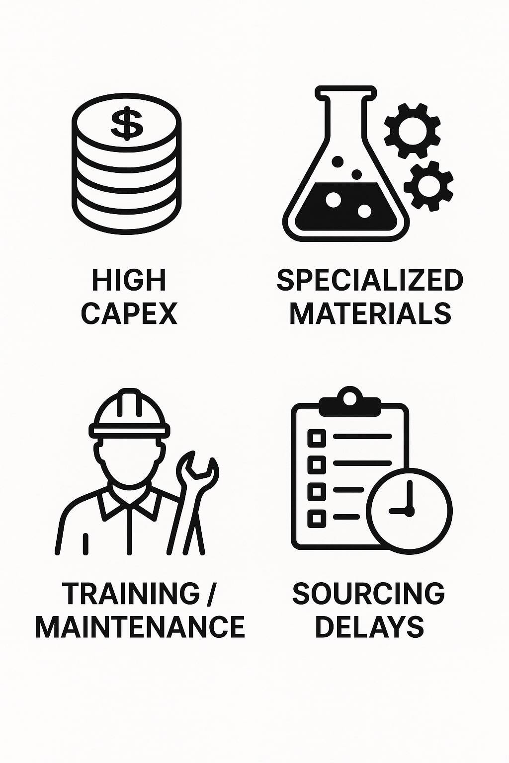 Icons indicating high capex, specialized materials, training, and sourcing delays.