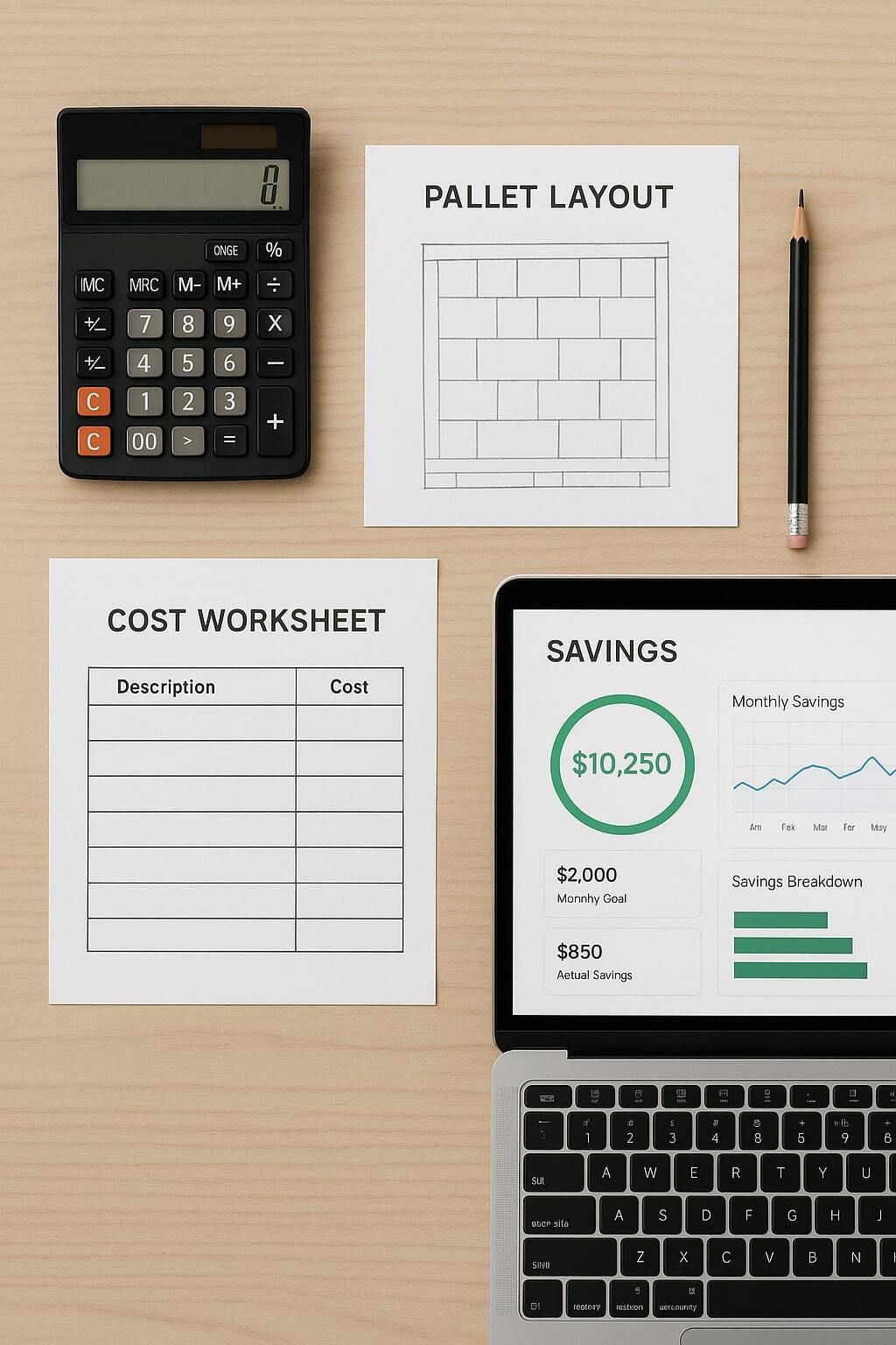 Calculator, pallet map, and simple ROI worksheet diagram for estimating aseptic savings.