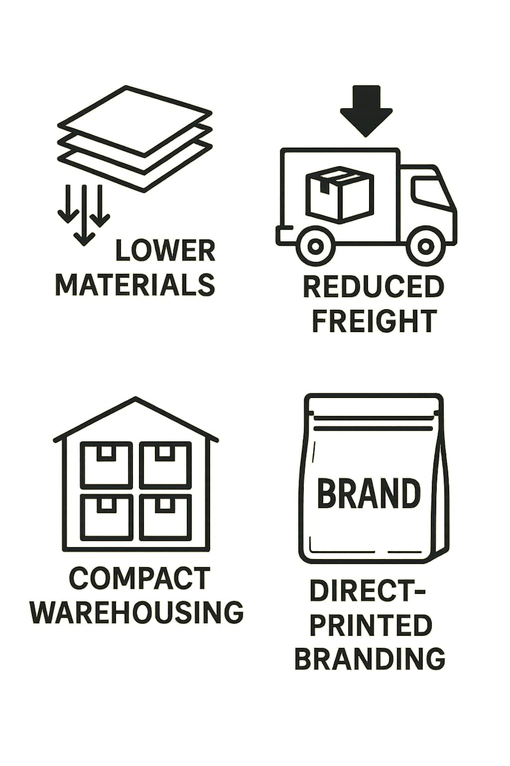 Icons representing lower materials, reduced freight, compact warehousing, and direct-printed branding.