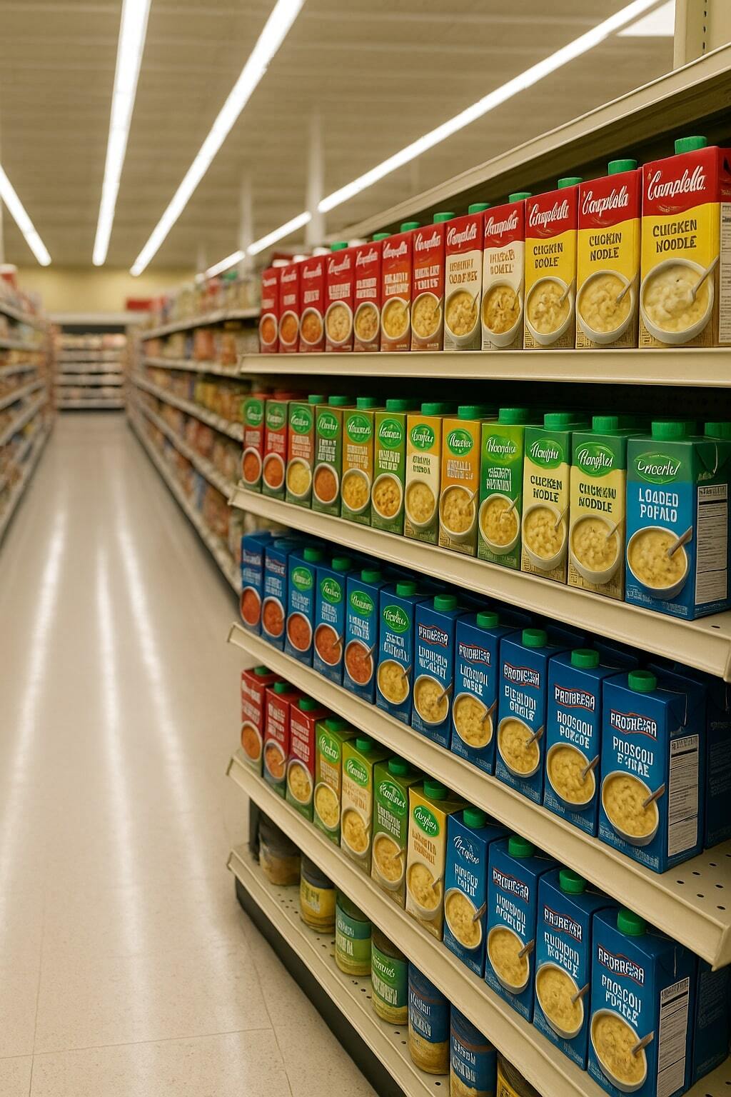 Aseptic soup cartons neatly arranged in a grocery aisle after switching from cans.