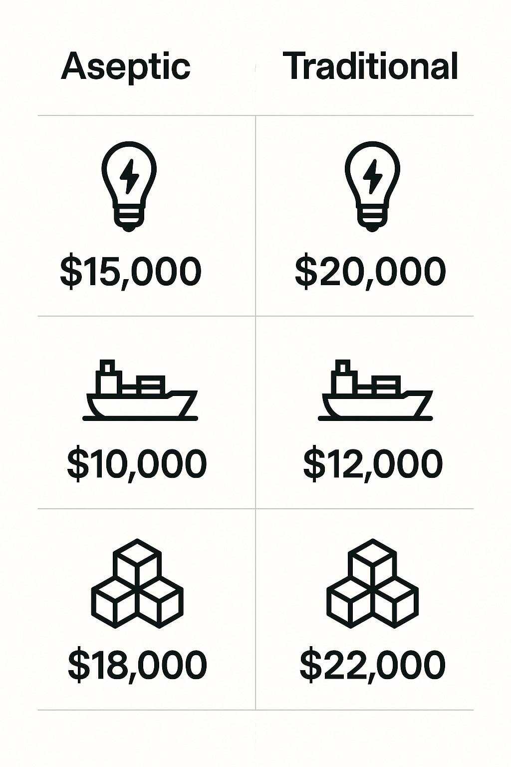 Split infographic visualizing energy, transport, and material cost differences between aseptic and traditional.