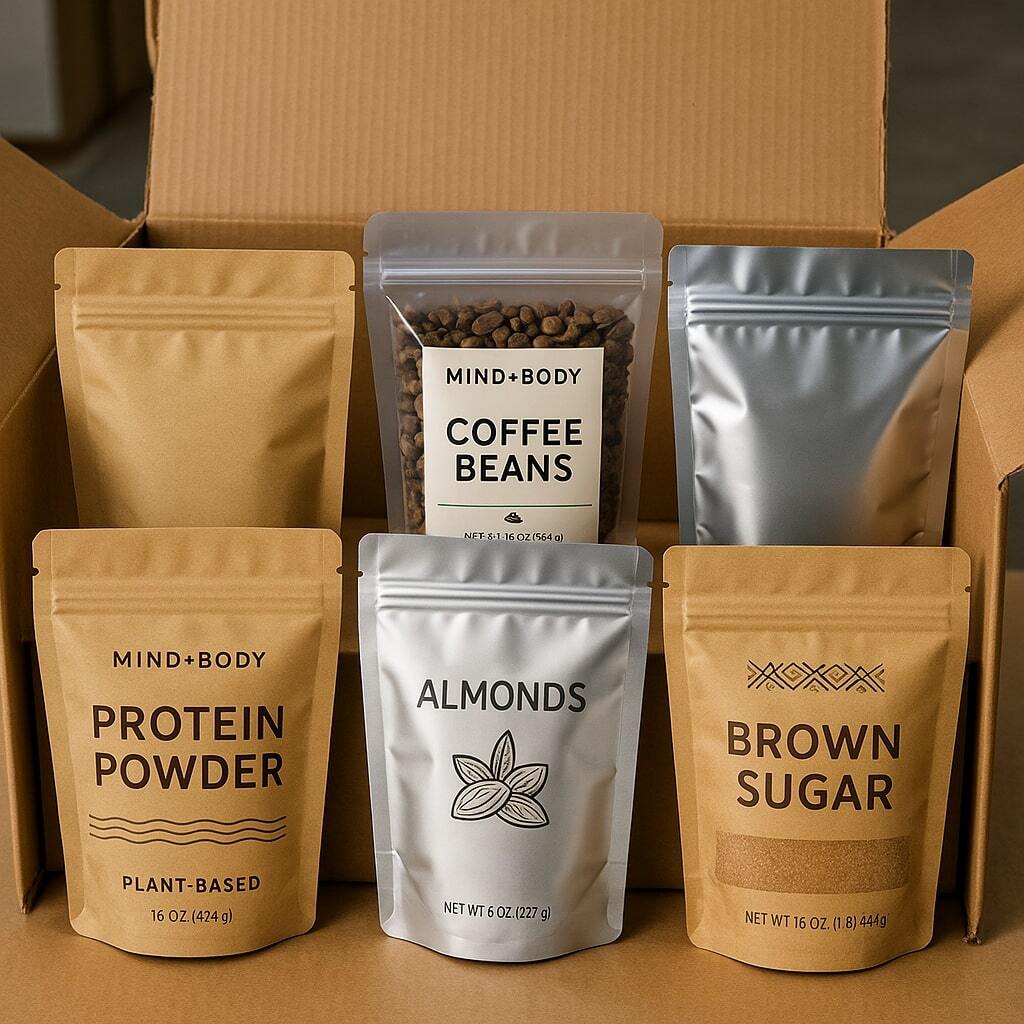 Photo of stock stand-up pouches in kraft, clear, and metallic finishes ready to ship. If there are realistic pouches in the image the pouches should have some design elements as though you might find them in a grocery store. Use the fictitious company Mind+Body as the brand and label the products with real products that would be packaged in the pouches. Do not use Lorem Ipsum copy in the graphic.