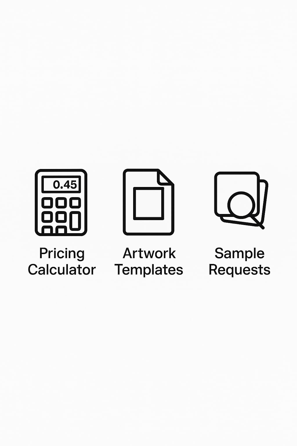 Icons for pricing calculator, artwork templates, and sample requests.