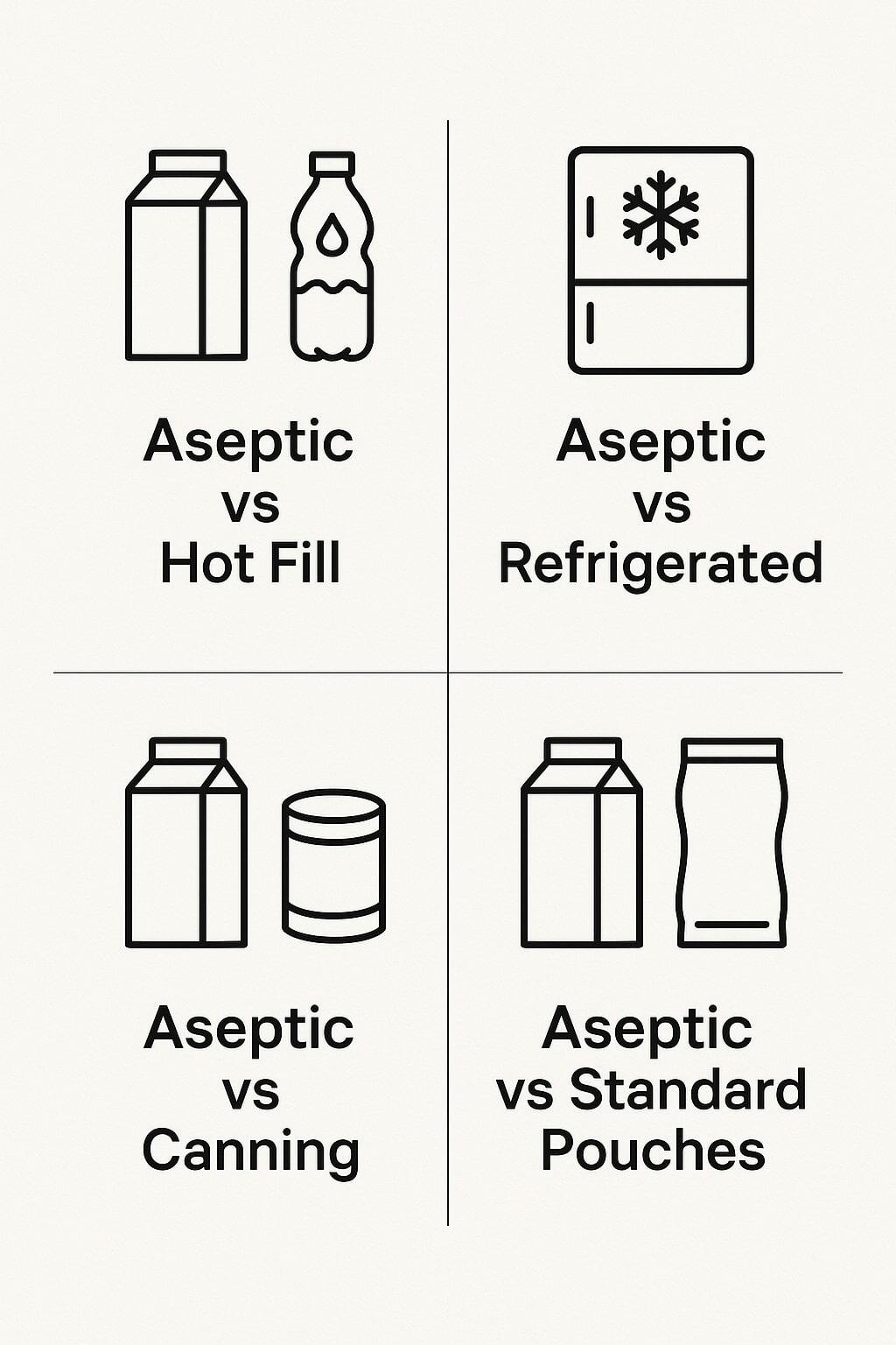 Panels comparing aseptic vs hot fill, refrigerated, and canning costs.