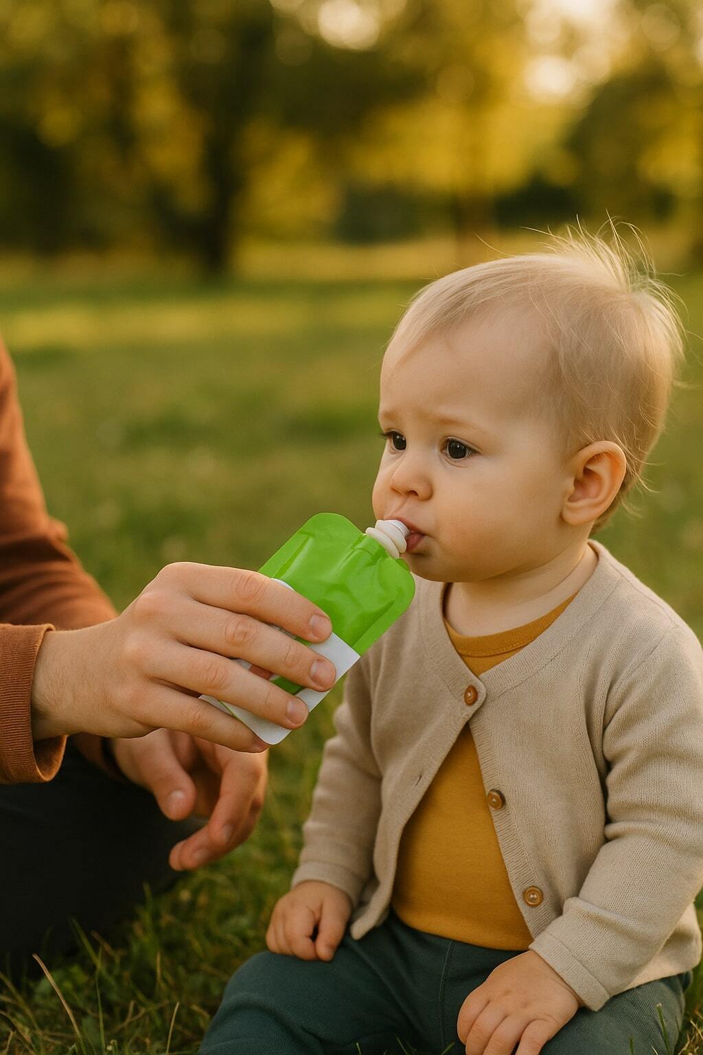 Parent feeding a child with a spouted baby food pouch outside.