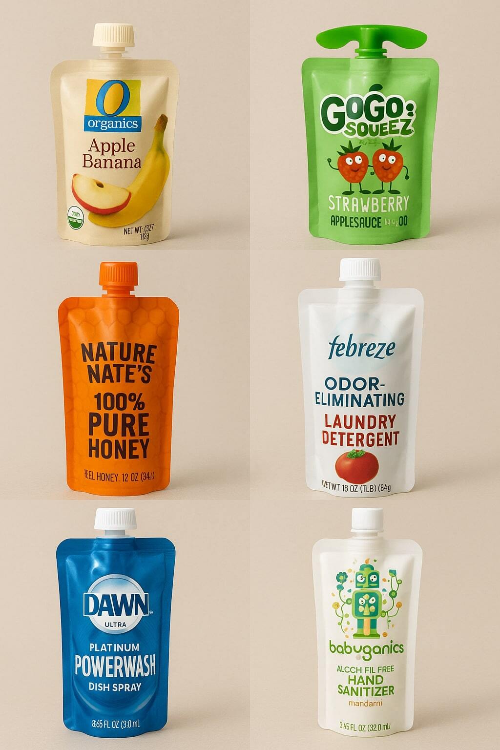 Collage of food, beverage, and household products in spouted pouches.